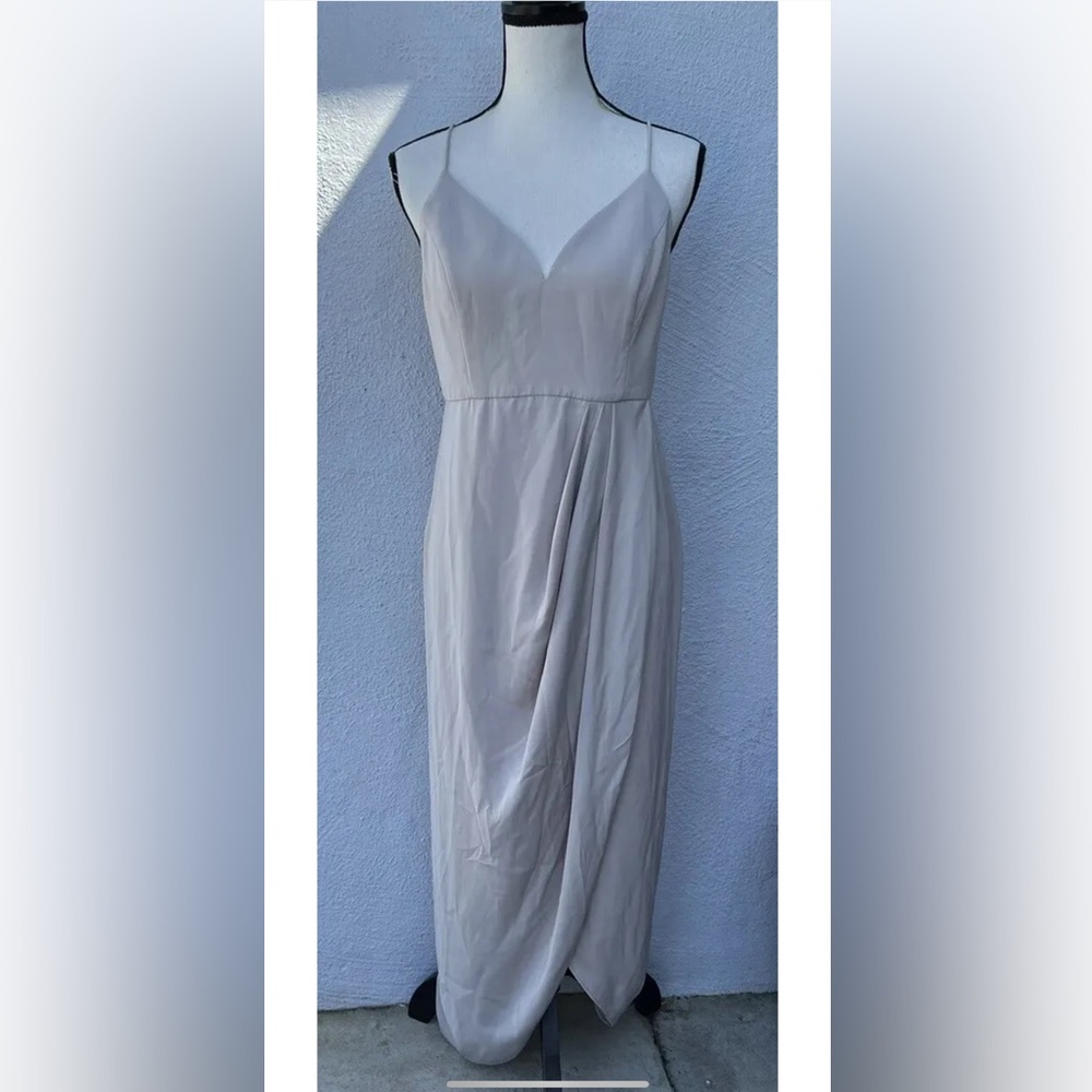 Shona Joy Draped Spaghetti Strap Bridesmaid Cocktail Evening Dress Beige